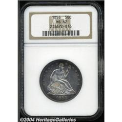 1858 50C MS62 NGC. Lovely deep purple,