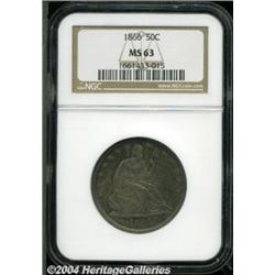 1866 50C Motto MS63 NGC. Rose, golden-brown,