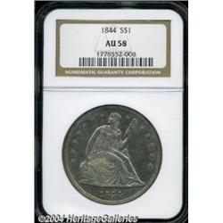 1844 S$1 AU58 NGC. The die doubled shield and