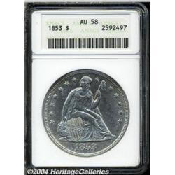 1853 S$1 AU58 ANACS. Extensive bright luster