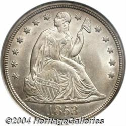 1853 S$1 MS64 NGC. Light apricot patina endows