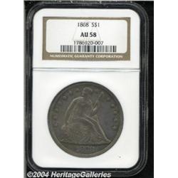 1868 S$1 AU58 NGC. Golden-brown, lilac, and