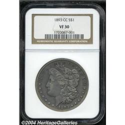 1893-CC S$1 VF30 NGC. Bright silver-gray