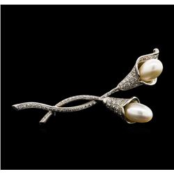 0.90 ctw Diamond and Freshwater Pearl Pin - 18KT White Gold