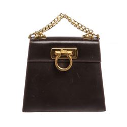 Salvatore Ferragamo Dark Brown Leather Chain Link Small Shoulder Handbag