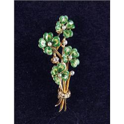 ENAMEL DIAMOND AND PEARL CLOVER PIN