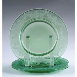 FOUR STEUBEN GREEN ETCHED PLATES