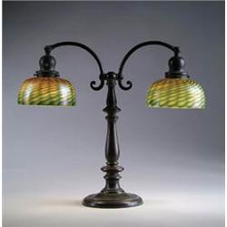 HANDEL DOUBLE STUDENT LAMP WITH QUEZAL DECORATED SHADES