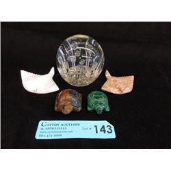 Carved Turtles, Stingrays & Art Glass Paperweight