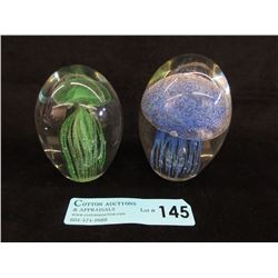 2 Art Glass Glow in the Dark Jellyfish Paperweights