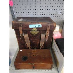 Vintage Leather Case w/Scale & Wood Box w/Items