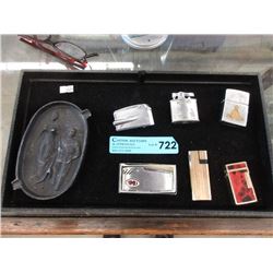 Vintage Double Sided Metal Ashtray & 6 Lighters