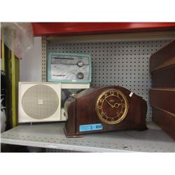2 Vintage Radios & Wood Mantle Clock