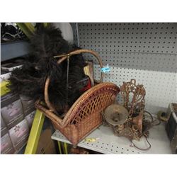 Wicker Basket, Feather Duster, Vintage Lamp & More