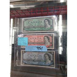 1954 Canadian $1, $2 and $5 Bills - One of each