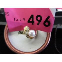 14 KT Gold & Diamond Pearl Ring - Size 6