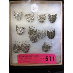6 New Pairs of Sterling Silver Cat Head Earrings