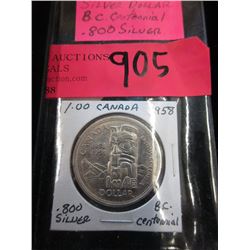 1958 Canadian Silver Dollar Coin - .800 Silver