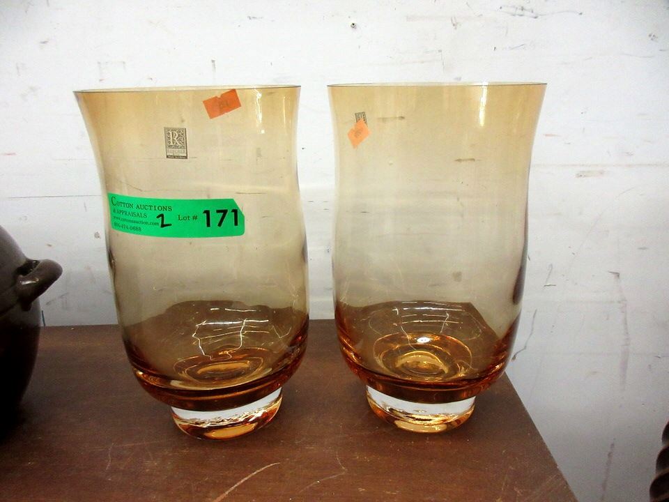 Pair Of Amber Glass Hurricane Candle Holders