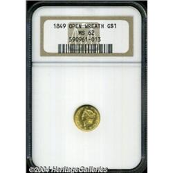 1849 G$1 Open Wreath MS62 NGC. Large Head,