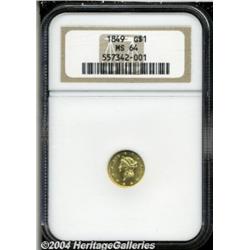 1849 G$1 Open Wreath MS64 NGC. Small head,