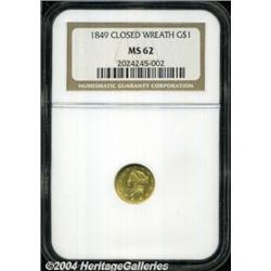 1849 G$1 Closed Wreath MS62 NGC. Large Head,