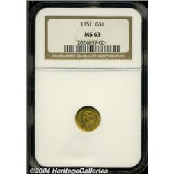 1851 G$1 MS63 NGC. Yellow-gold color with some