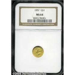 1851 G$1 MS64 NGC. Softly struck in the