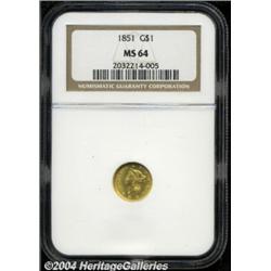 1851 G$1 MS64 NGC. Fully struck with excellent