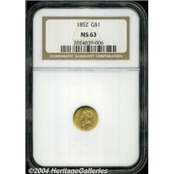 1852 G$1 MS63 NGC. Gold-orange coloration. A