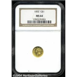 1852 G$1 MS64 NGC. Sharply struck and fully