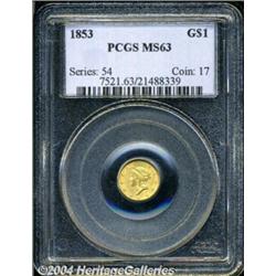 1853 G$1 MS63 PCGS. Medium copper-gold patina