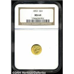1853 G$1 MS64 NGC. Boldly struck with good