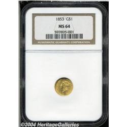 1853 G$1 MS64 NGC. Uniform reddish patina