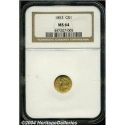 1853 G$1 MS64 NGC. Copper-gold satiny surfaces
