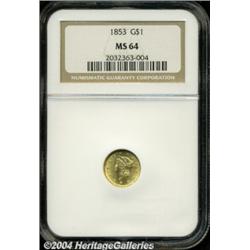 1853 G$1 MS64 NGC. A gleaming coin that shines