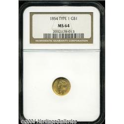 1854 G$1 Type One MS64 NGC. A fully lustrous