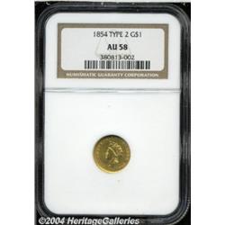 1854 G$1 Type Two AU58 NGC. A sharp example of