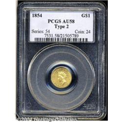 1854 G$1 Type Two AU58 PCGS. Light wear shows