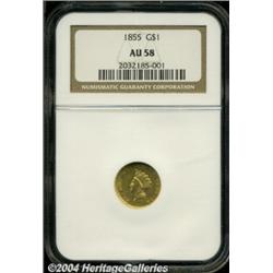 1855 G$1 AU58 NGC. Ample luster beneath