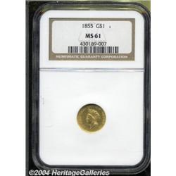 1855 G$1 MS61 NGC. Well struck, save for
