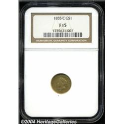 1855-C G$1 Fine 15 NGC. Very well detailed, on