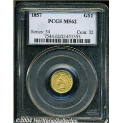 1857 G$1 MS62 PCGS. Copper-gold patination