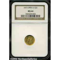 1873 G$1 Open 3 MS64 NGC. Lustrous copper-gold