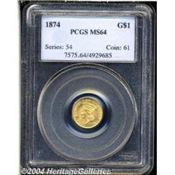 1874 G$1 MS64 PCGS. Orange toning highlights