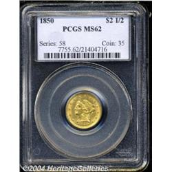 1850 $2 1/2 MS62 PCGS. Just a few, scattered,
