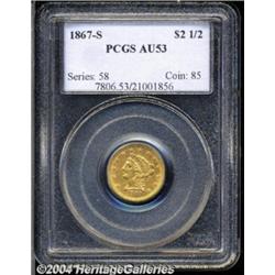 1867-S $2 1/2 AU53 PCGS. Rich apricot toning