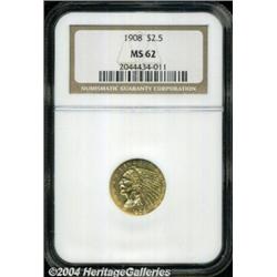 1908 $2 1/2 MS62 NGC. Lustrous gold-copper