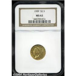 1909 $2 1/2 MS62 NGC. A smooth coppery-gold
