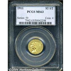 1911 $2 1/2 MS63 PCGS. Light peach-gold color,